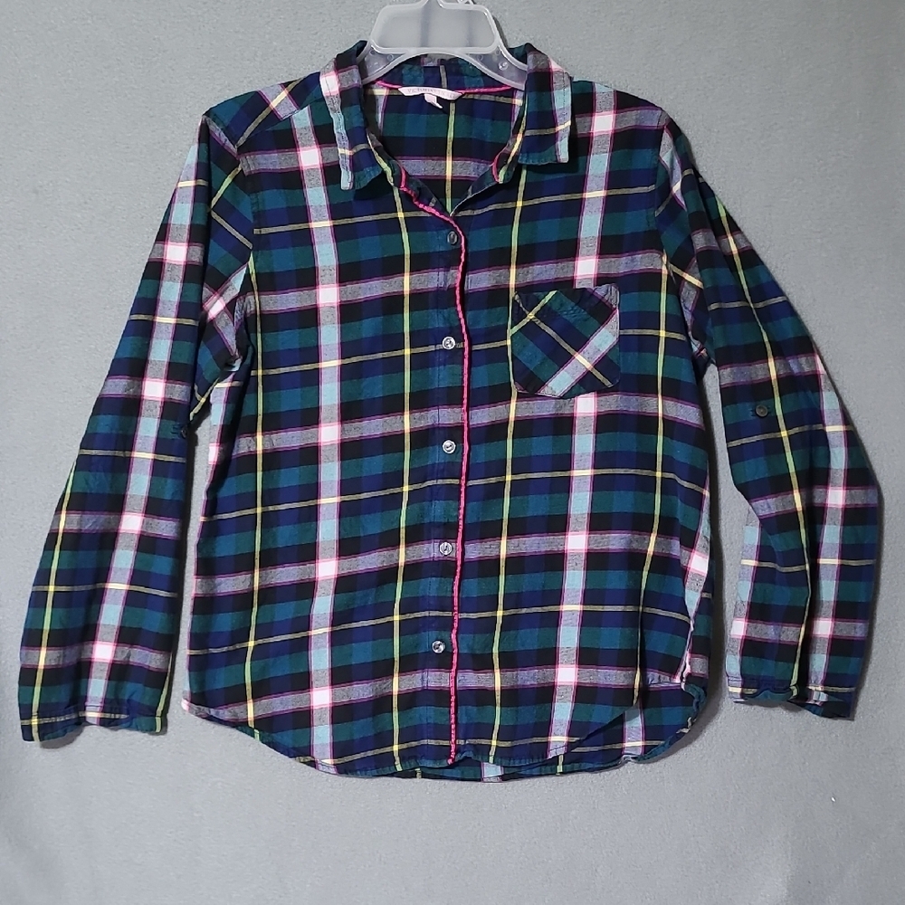 VICTORIA'S SECRET Blue & Green Plaid‎ Long Sleeve Pajama Top Shirt - Size Medium